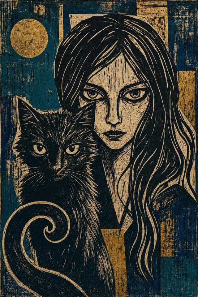 黑猫与少女 | 戏剧性表现主义林刻版画