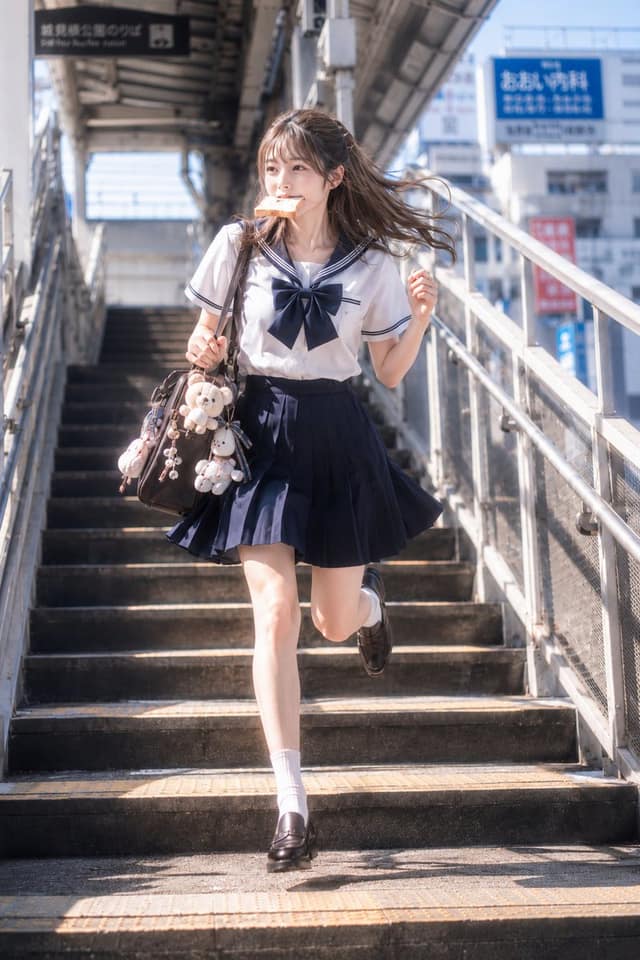 نمونهٔ 日系清晨·衔吐司奔跑的少女写真