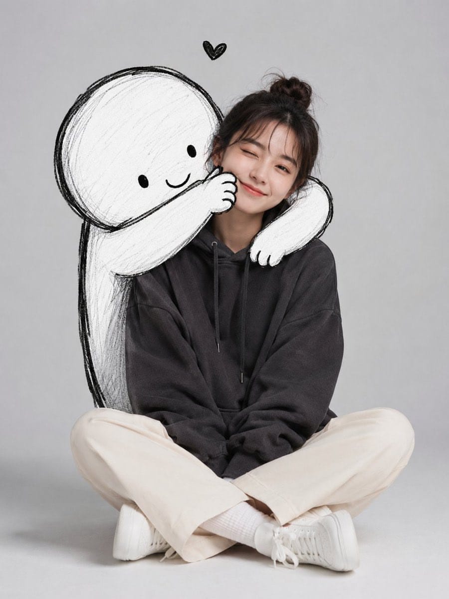 简约少女×黑白涂鸦 | AI拥抱肖像生成