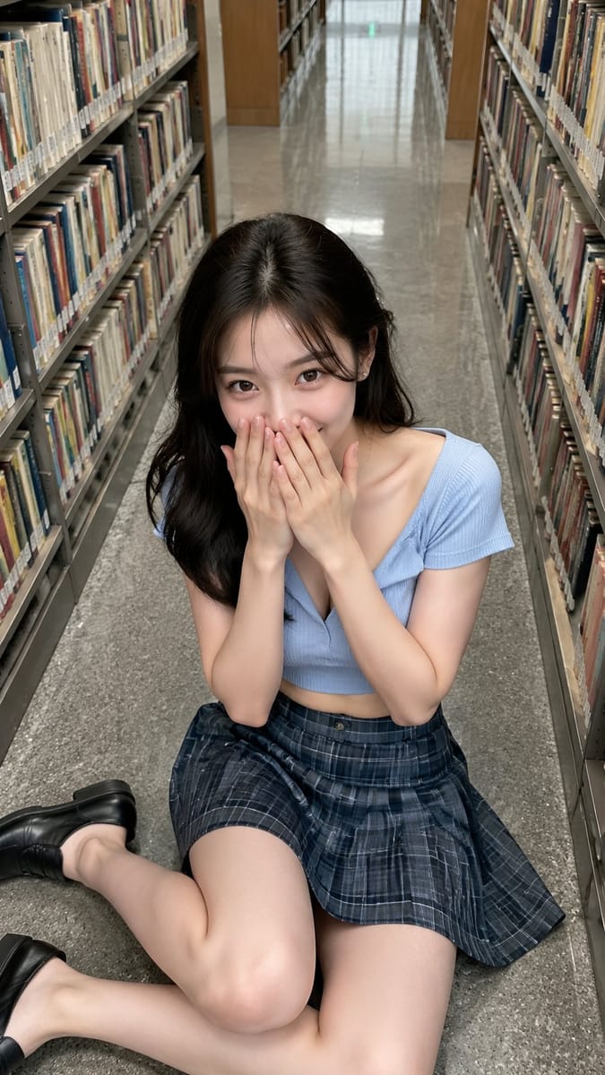 书店过道写真：害羞微笑的东亚少女