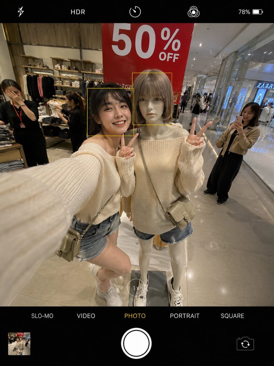 商场撞衫趣事自拍｜超写实电影感时尚双胞胎
