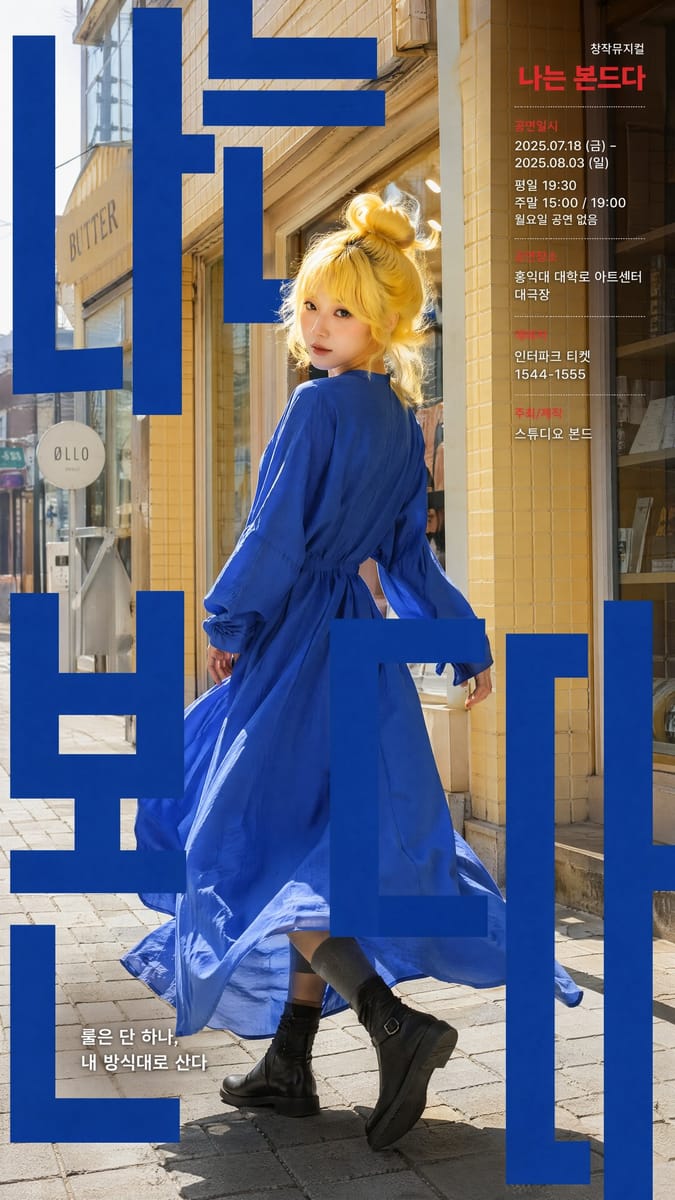 韩国街头风剧院海报：钴蓝裙少女与韩文标题