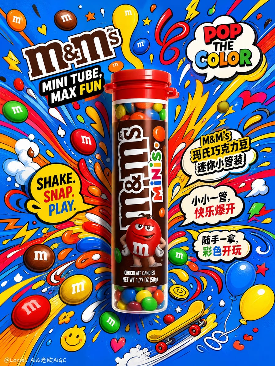 M&M's迷你管装：爆裂糖果动感商业海报