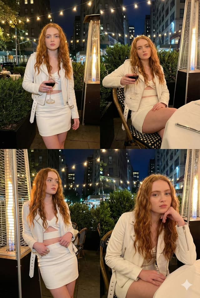نمونهٔ 夜色迷离露台微醺写真｜金发女郎夜生活四宫格