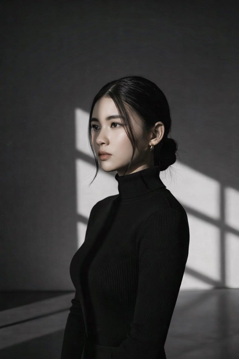 几何光影黑白人像:冷艳高领少女电影感写真