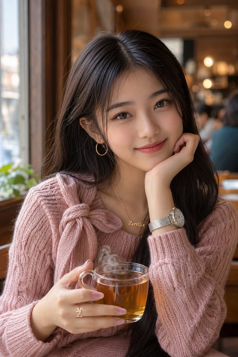 咖啡馆治愈系人像：粉色毛衣东亚少女窗边特写