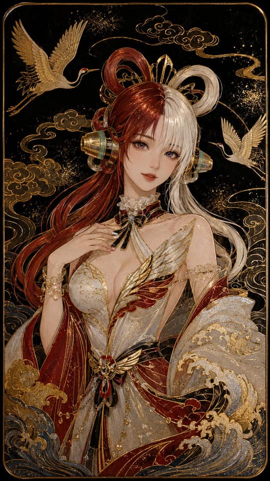 日本莳绘金箔动漫女神·黑漆底华丽肖像