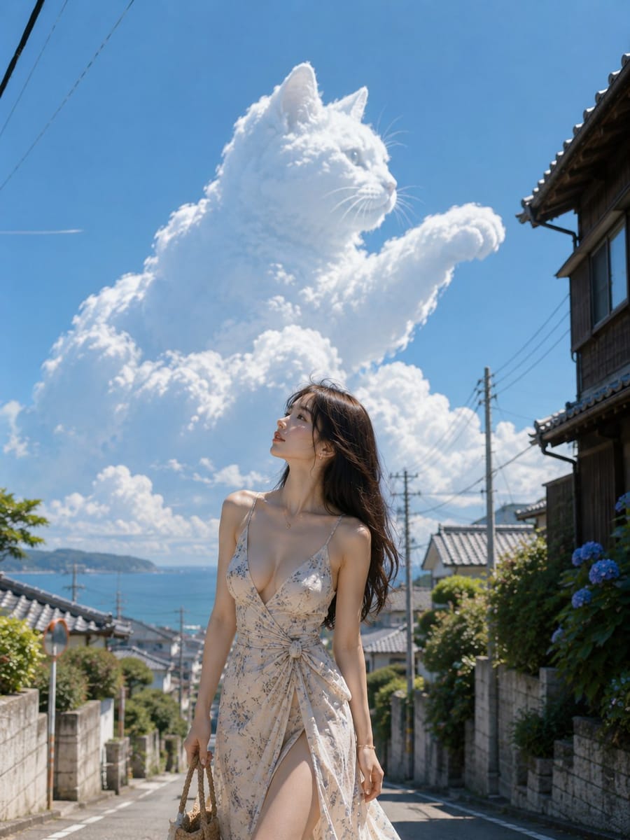 盛夏海边坡道上的猫云与女子写真