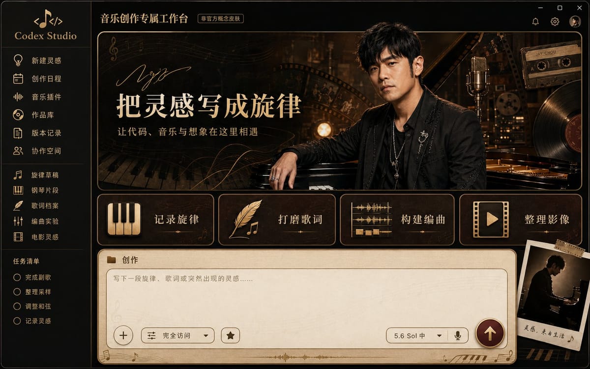 周杰伦主题Codex桌面皮肤:音乐创作工作台概念UI设计