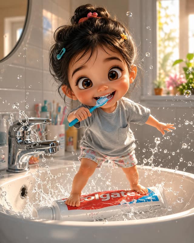 皮克斯风Q版女孩浴室刷牙 3D插画