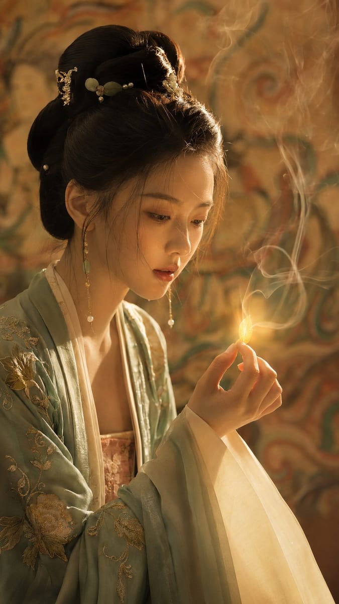 敦煌之光:持金瓣汉服女子电影感肖像