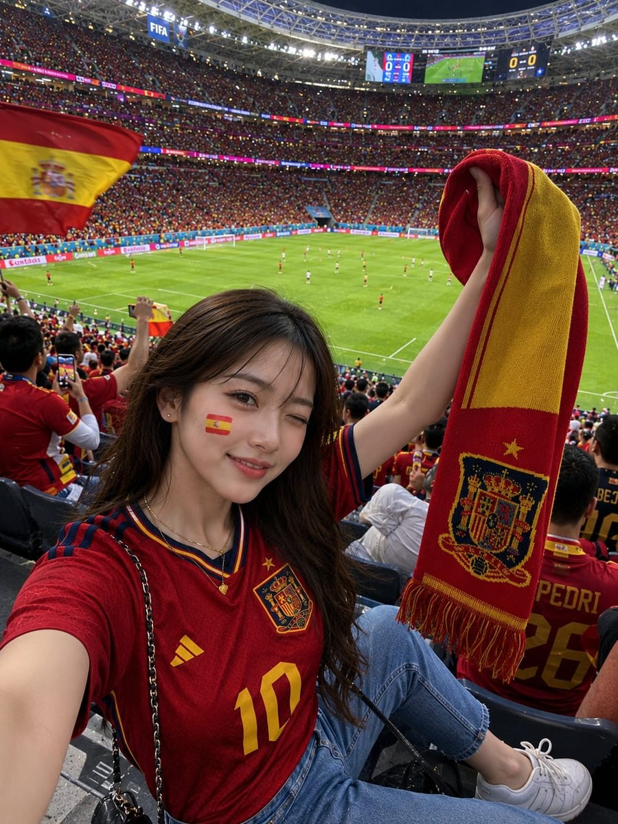 世界杯看台自拍：穿西班牙球衣的日本美女球迷超写实瞬间