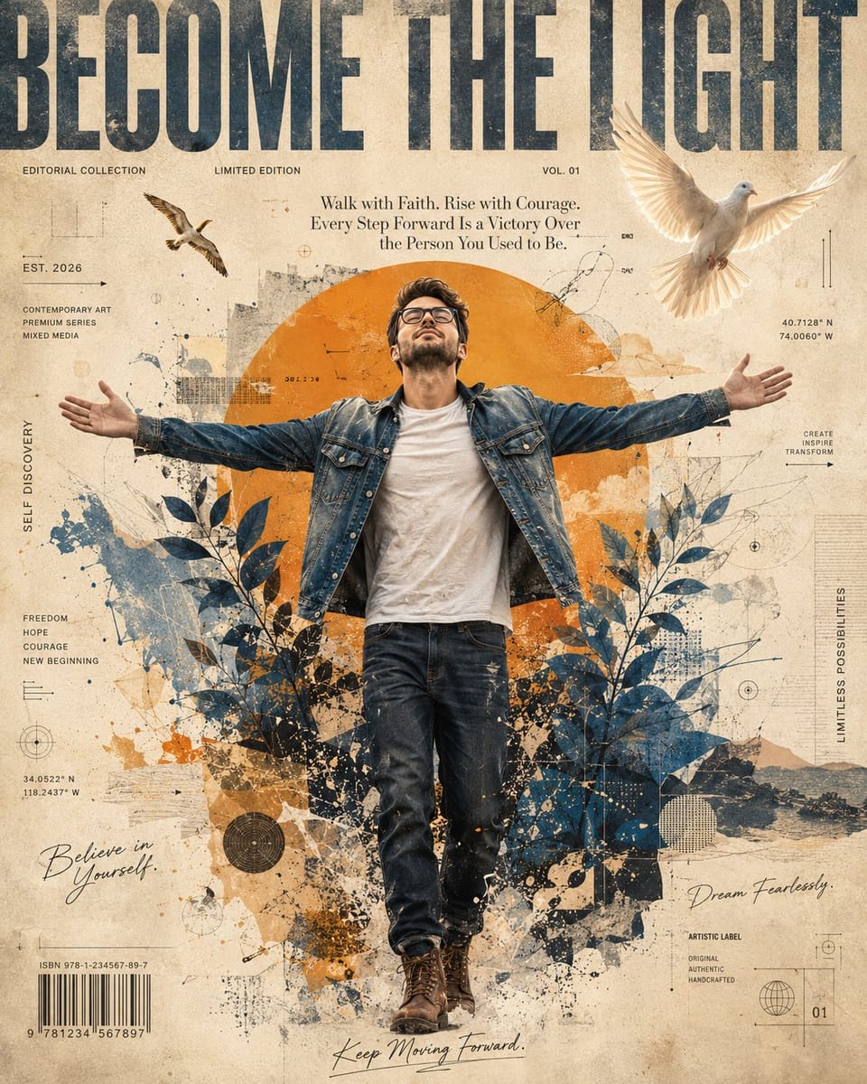 成为光：混合媒介自由希望社论插画创作