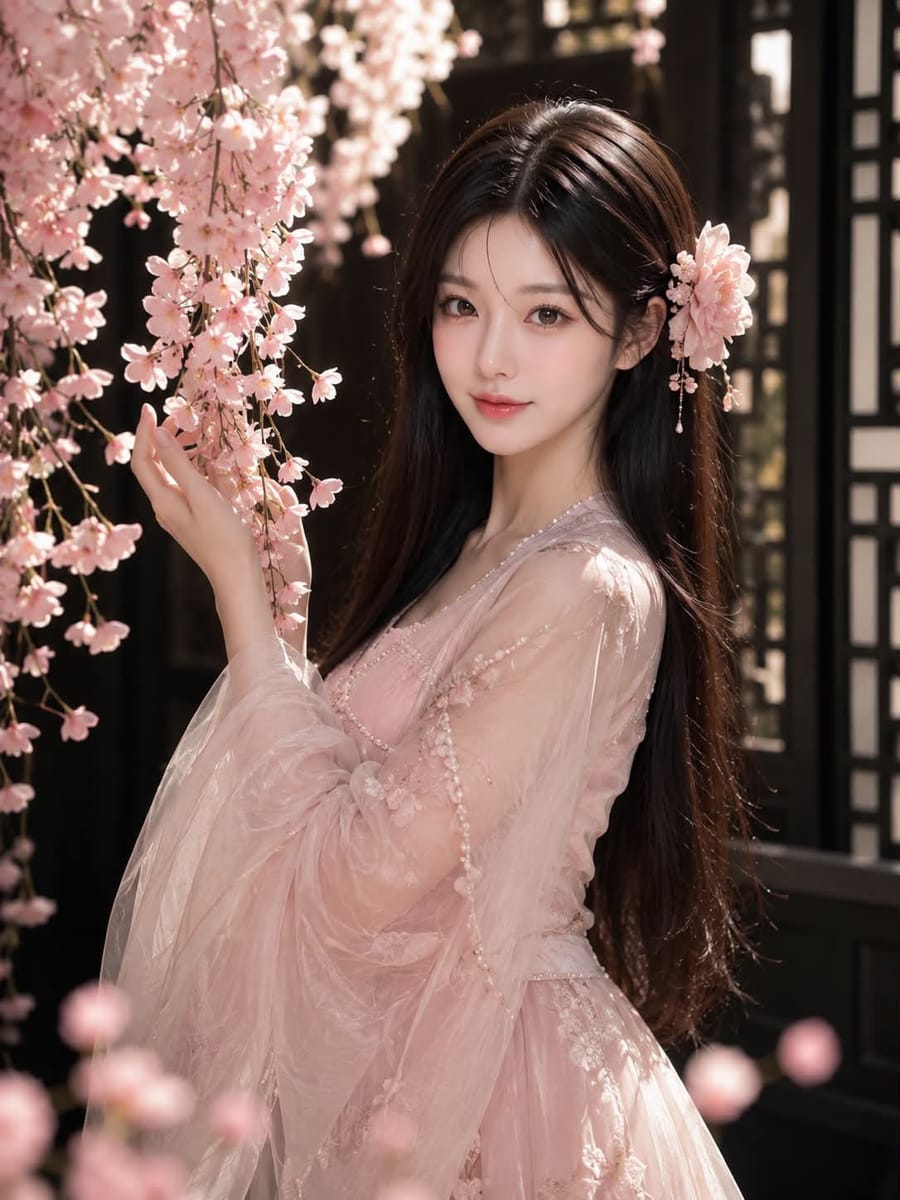 粉色汉服×樱花雨：东方女性超现实肖像