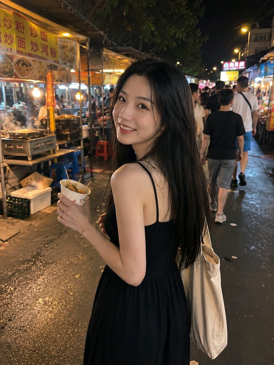 夜市回眸·手机抓拍｜真实夜感人像提示词