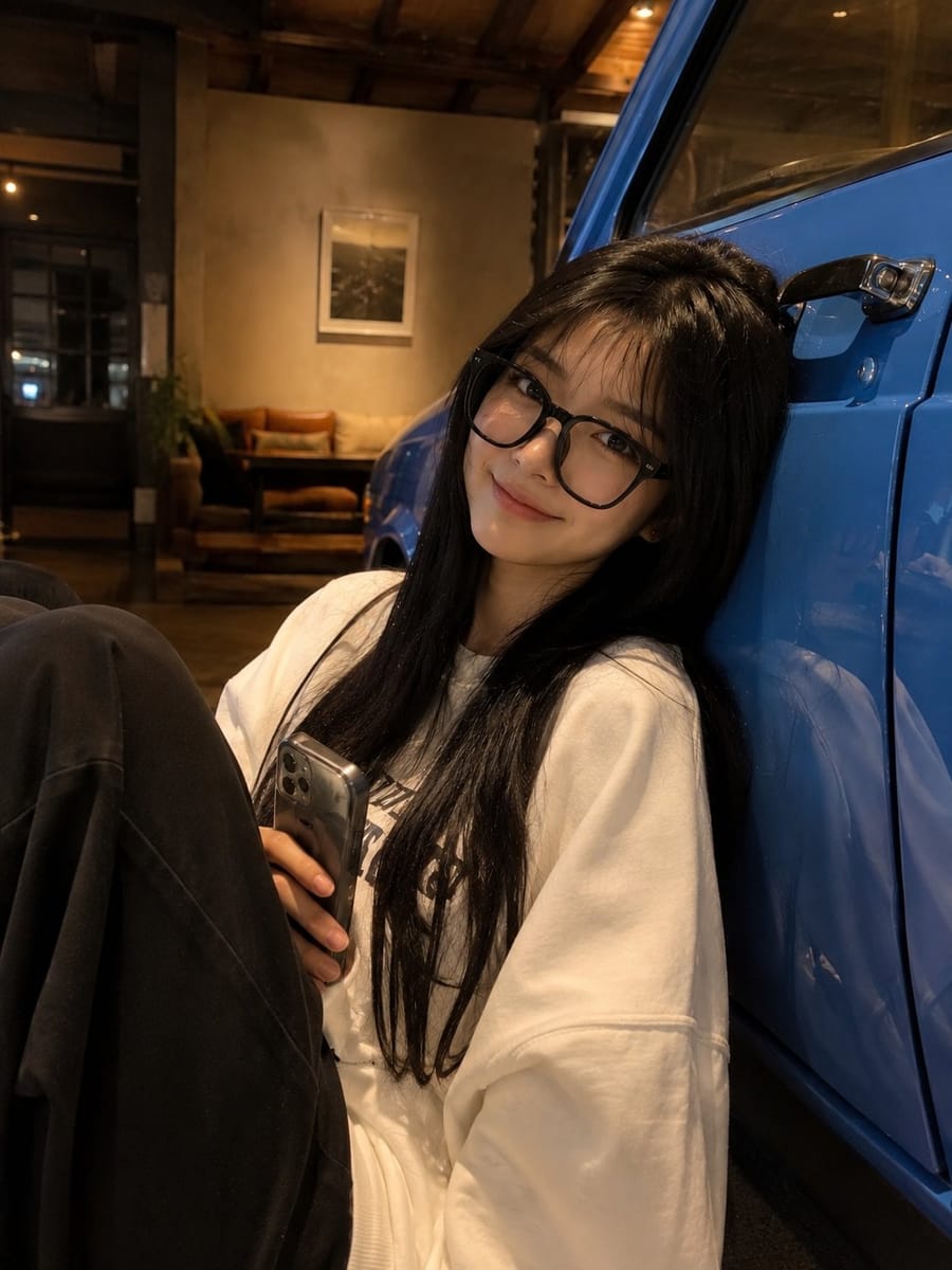 奶油白卫衣黑发少女 · 韩系氛围感人像写真