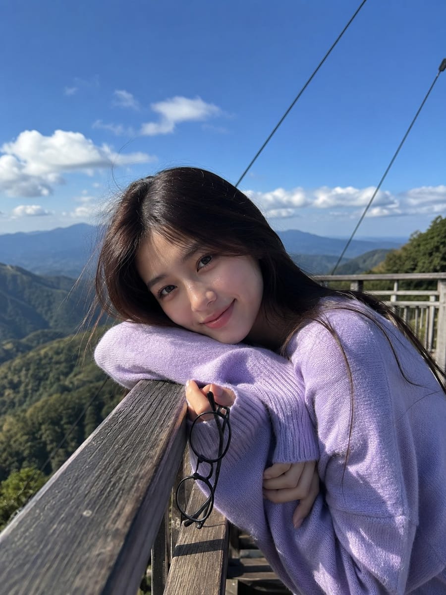 山景慵懒针织衫人像 | 超写实唯美户外写真提示词