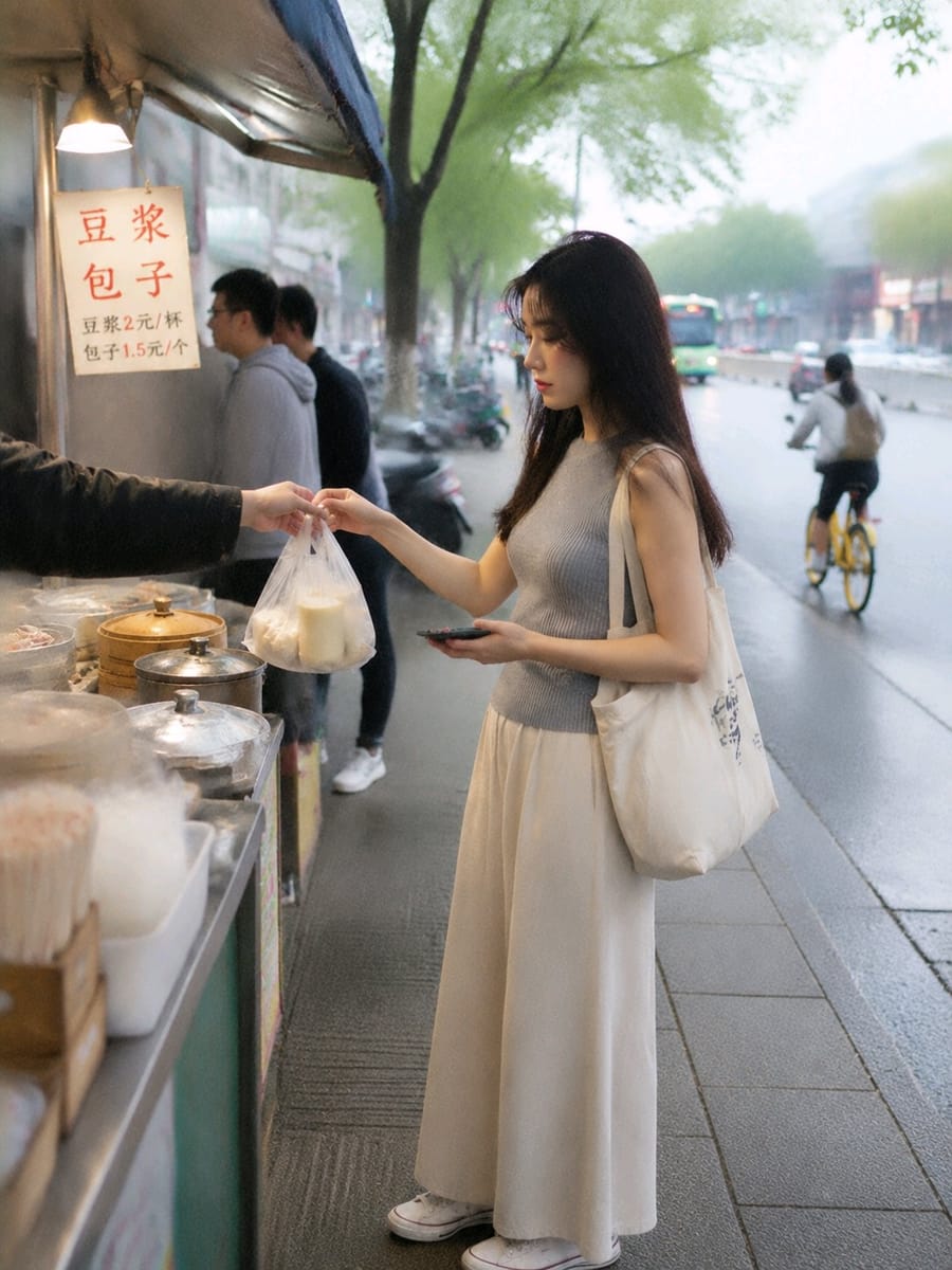 街头早餐摊前亚洲女性写实抓拍|真实生活气息人像