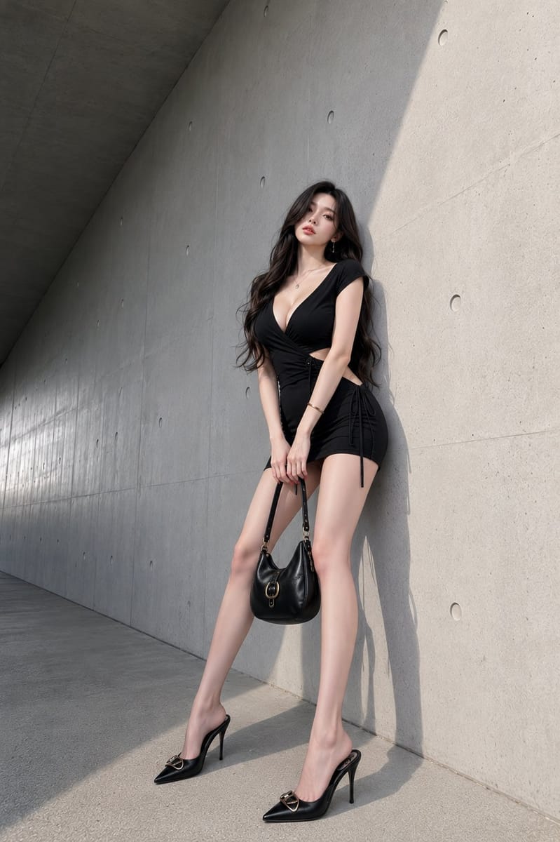 混凝土走廊×黑色修身裙:高级感时尚人像写真提示词