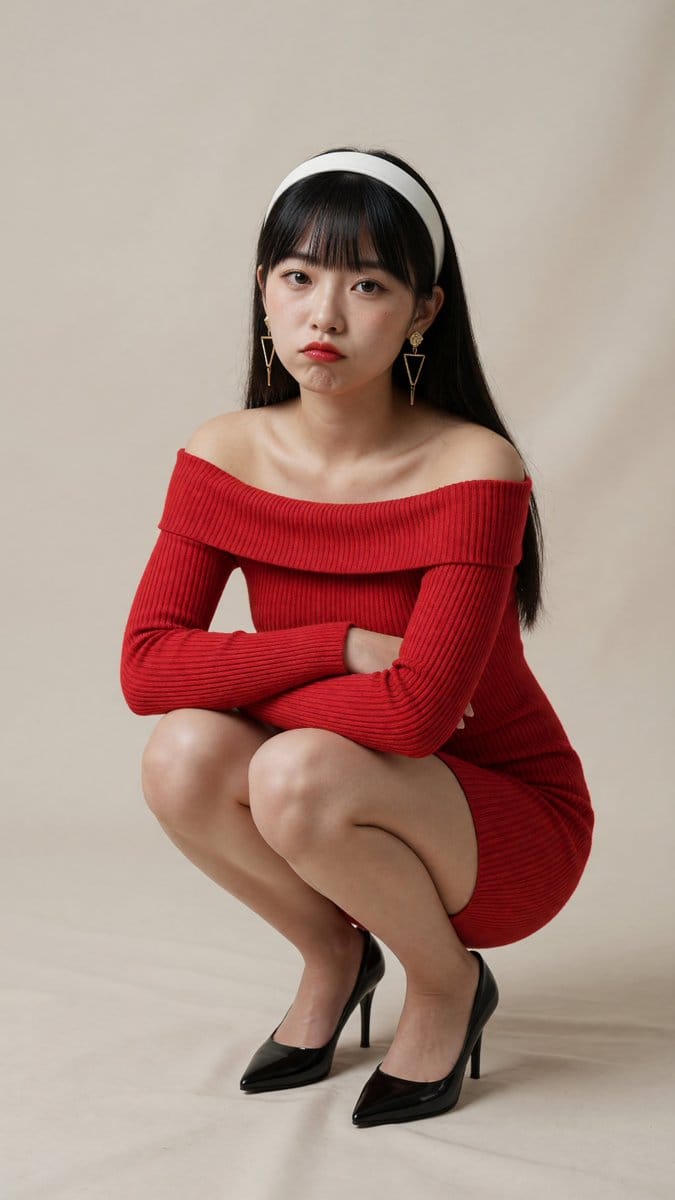 红色针织裙蹲姿人像｜东亚美女写实摄影提示词