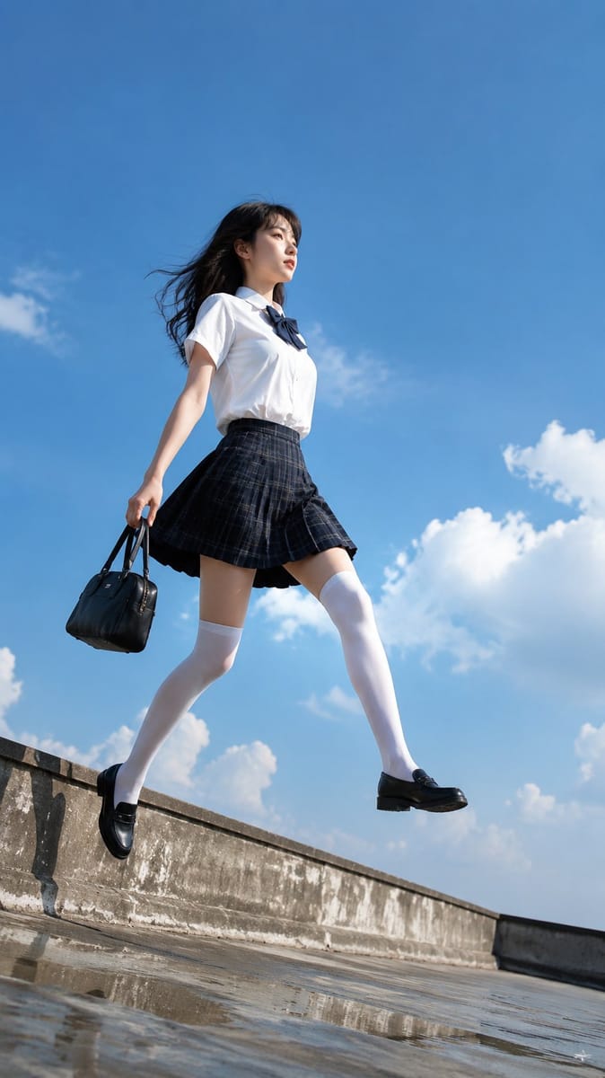 户外低视角失重感东亚少女写真｜轻盈瞬间人像提示词