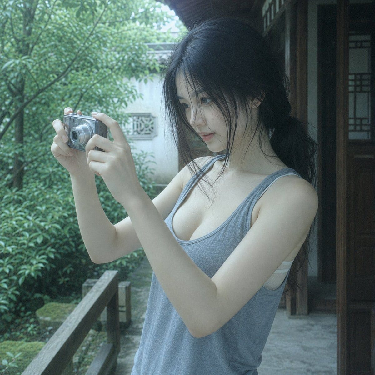 木廊下看相机的东亚女性:旧数码私摄影人像