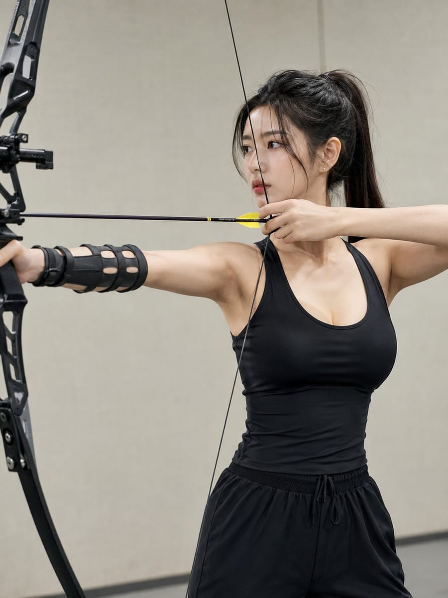 东亚女性室内射箭写实人像｜满弓瞄准的专注瞬间