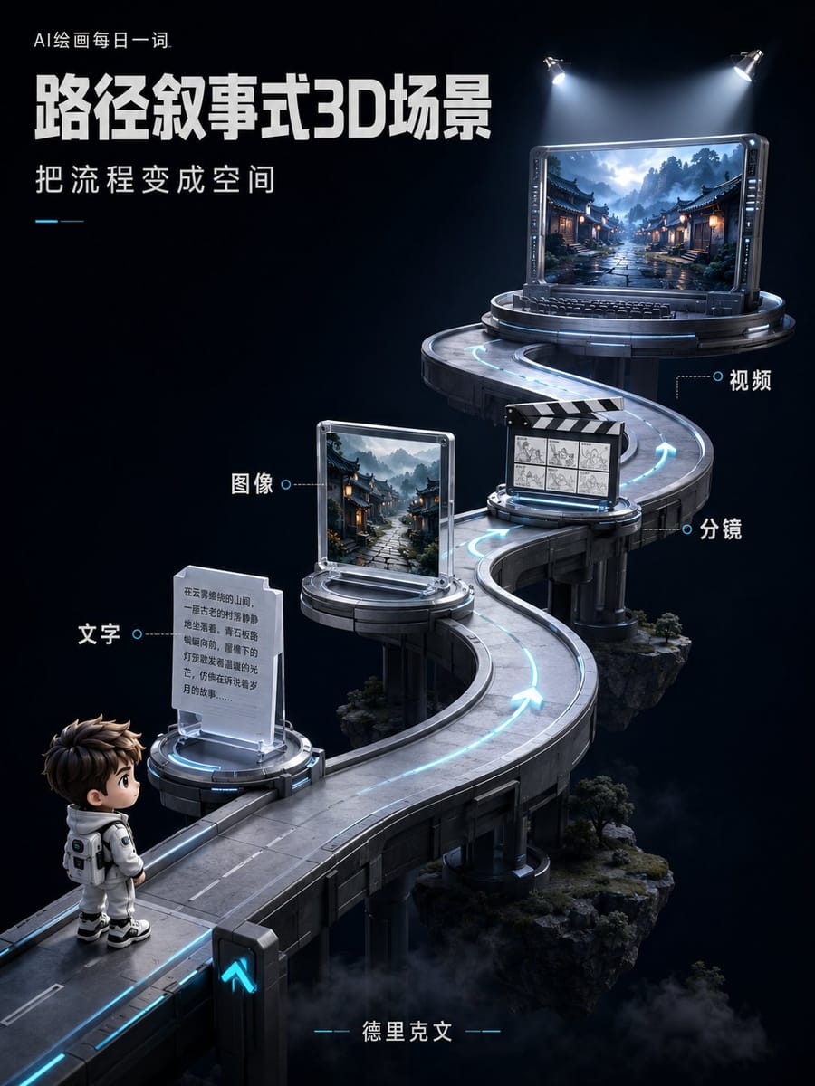 3D路径叙事海报|科技感S形立体流程视觉设计