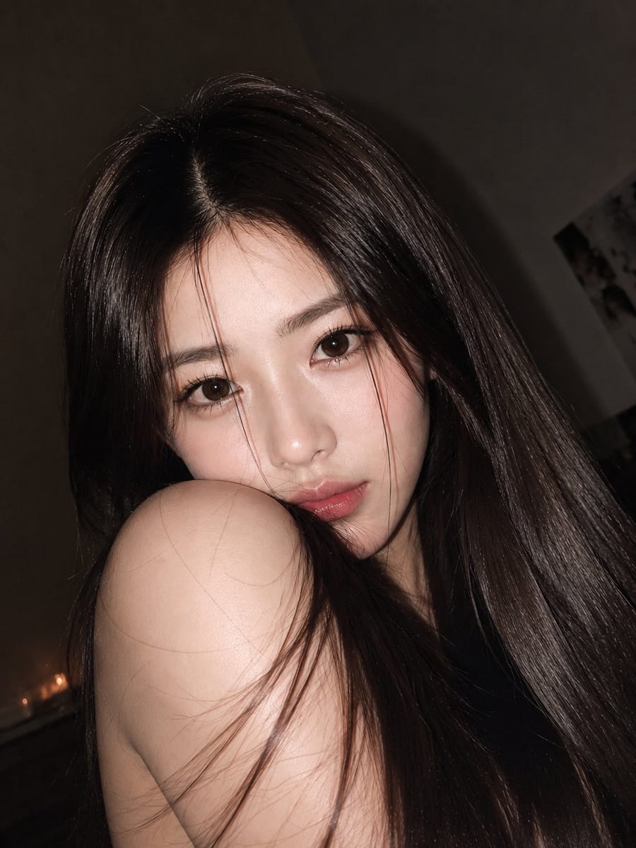 室内闪光灯氛围感东亚女性绝美写真｜超写实人像AI提示词