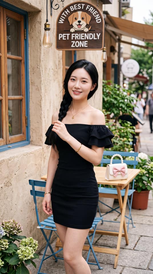 户外咖啡厅·黑裙侧辫东亚女性写实人像