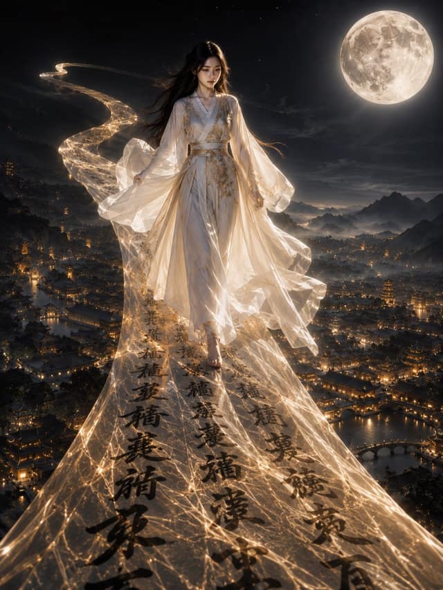 史诗写实古装女神：踏书法丝绸漫步古城夜景