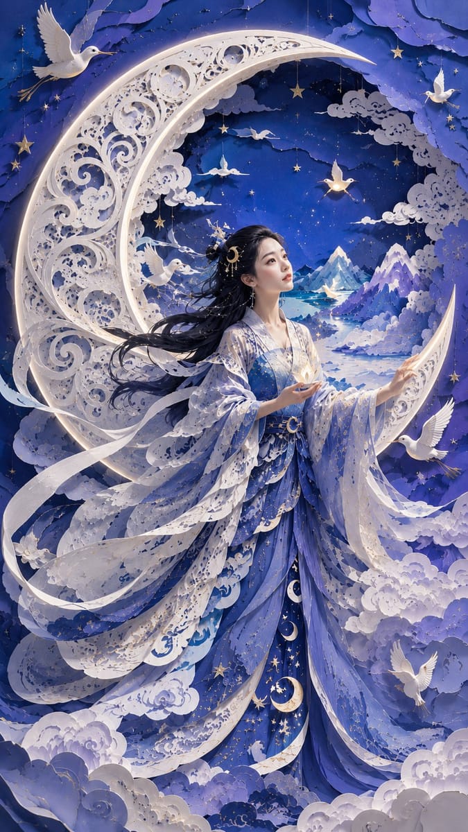 月亮梦境立体纸雕 | 现代东方女性艺术海报