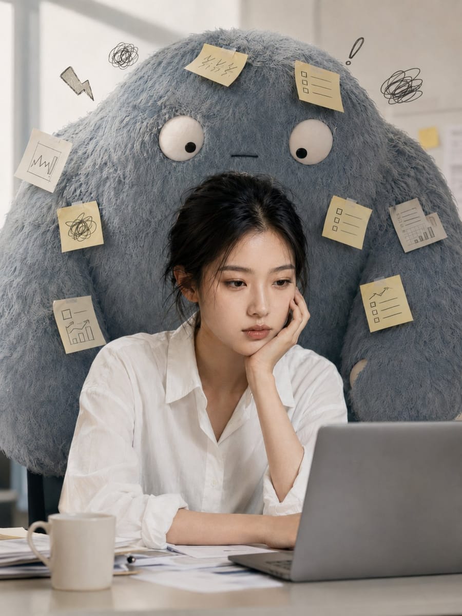 职场女性×焦虑怪兽：真实摄影与手绘动画创意融合