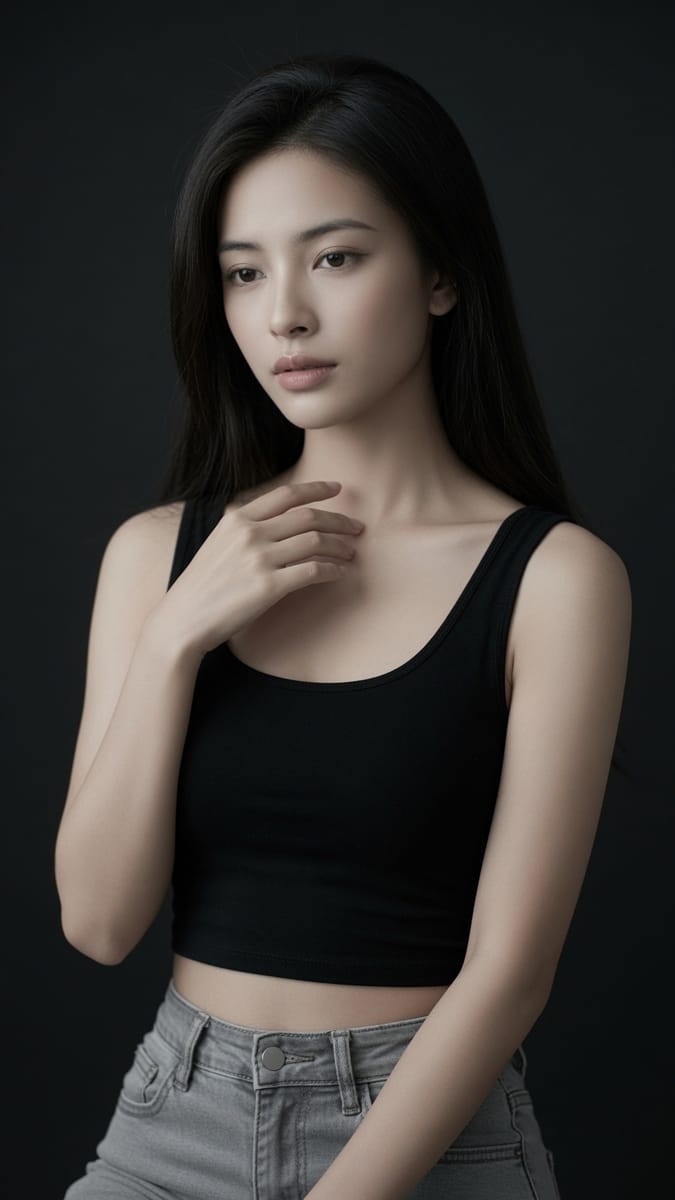极简黑背心东亚女性棚拍人像｜高级感摄影提示词