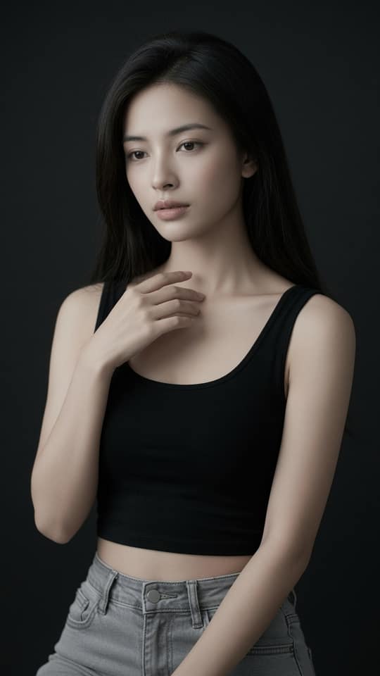 极简黑背心东亚女性棚拍人像｜高级感摄影提示词