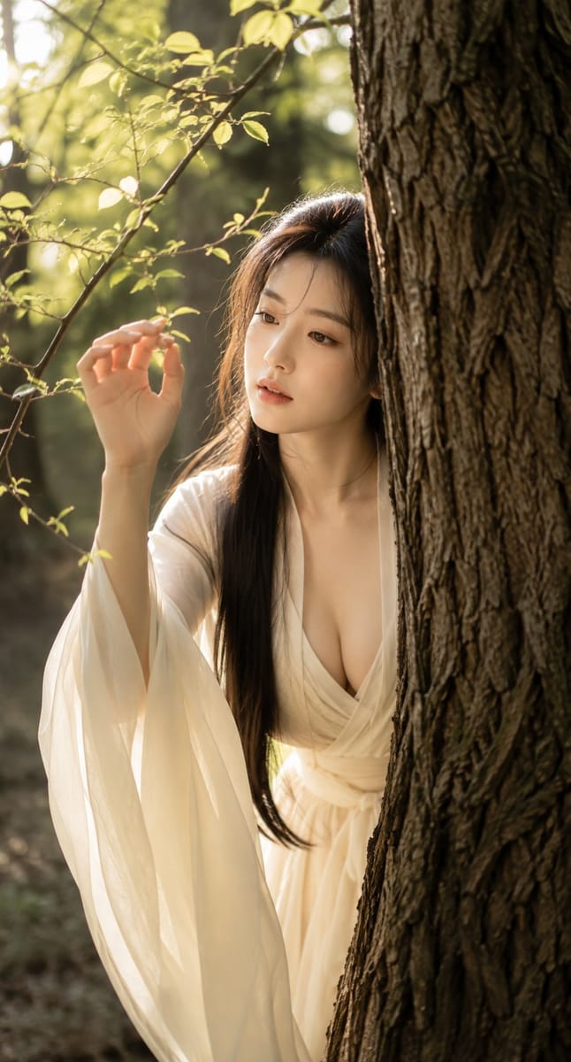 树后探身古风人像｜暖光林间写实摄影