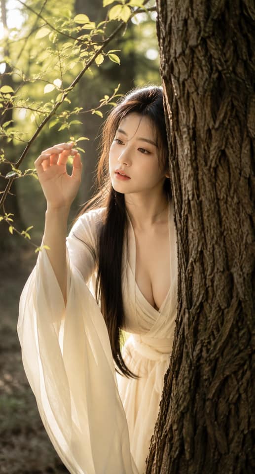 树后探身古风人像｜暖光林间写实摄影