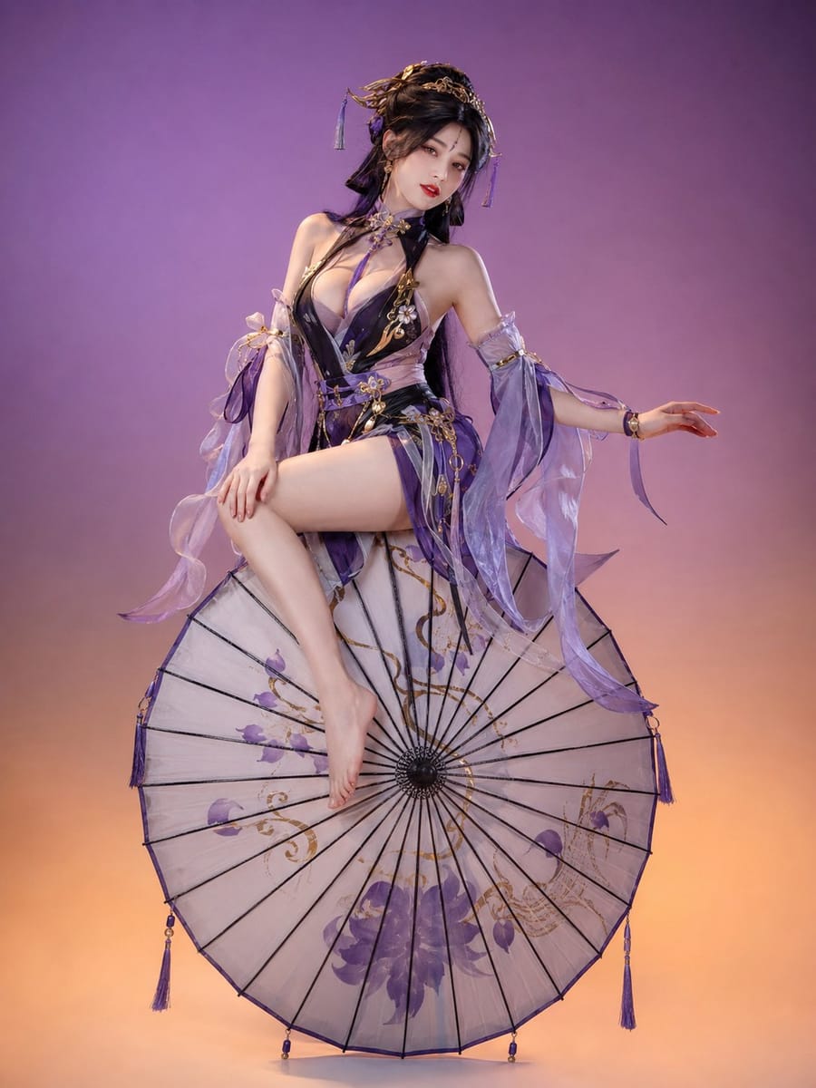 油纸伞上优雅坐姿｜古风人像悬浮写真