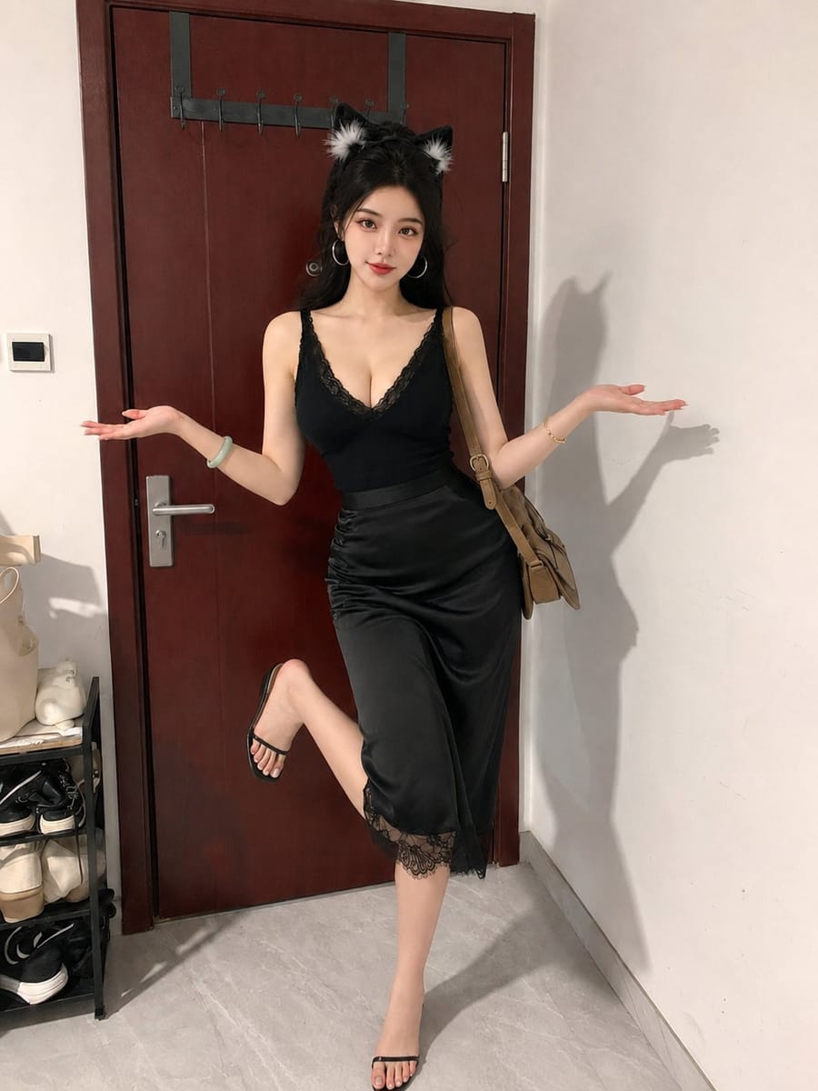 公寓玄关猫耳黑裙美女写实全身像|氛围感人像提示词