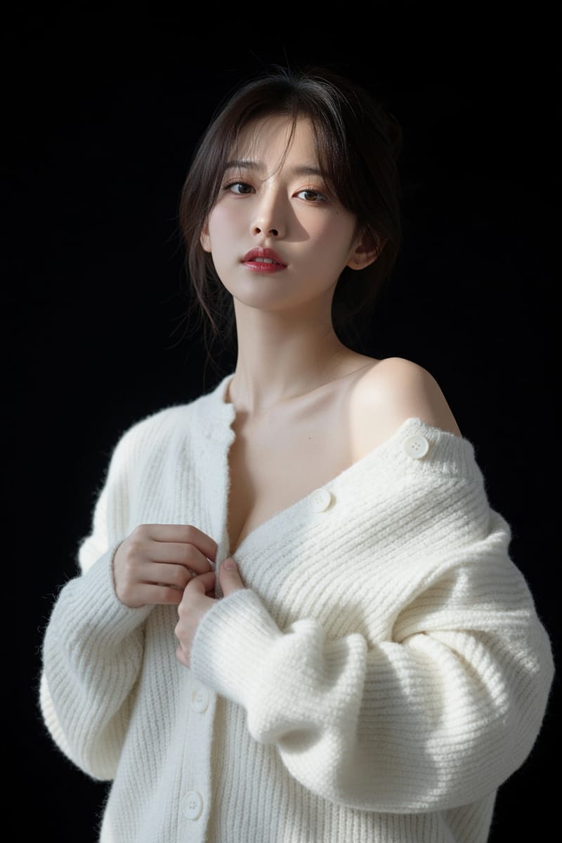 象牙白开衫×暗调棚拍|东亚女性高级感人像摄影