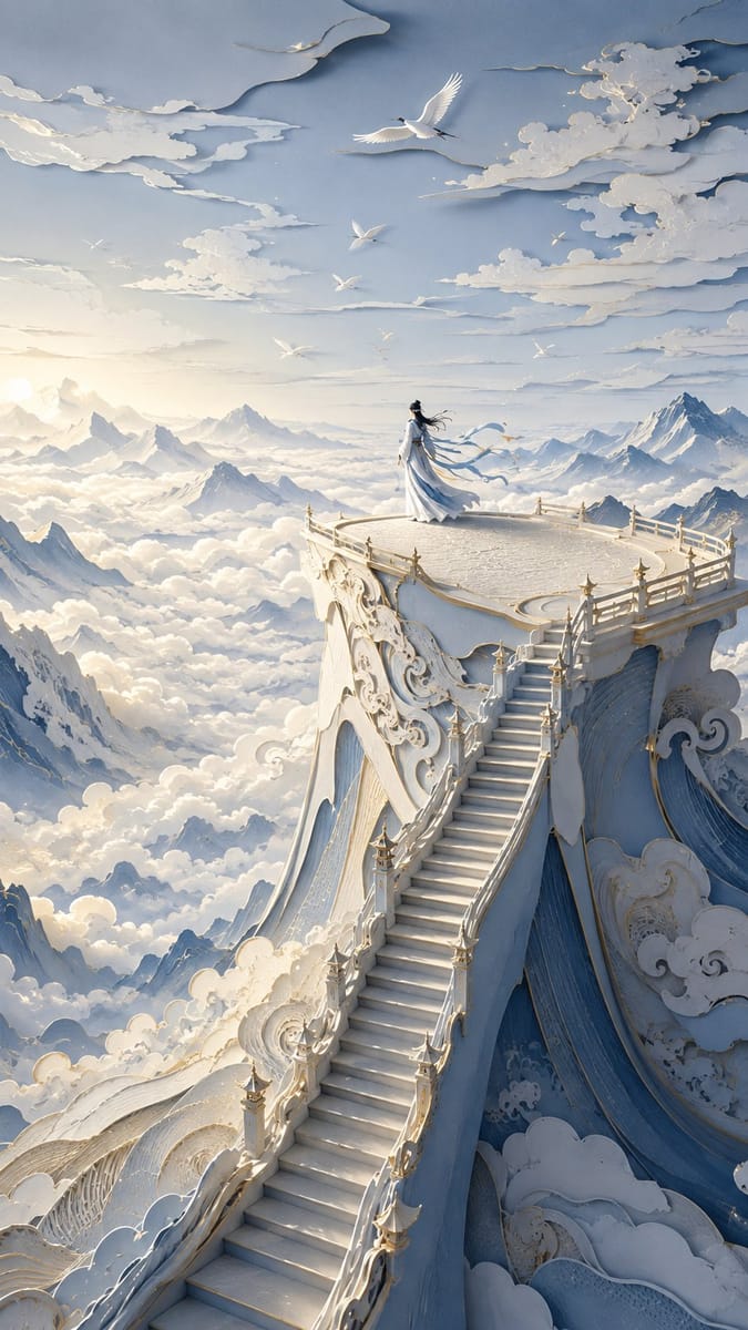 现代东方史诗纸艺梦境:云海天梯高台幻境
