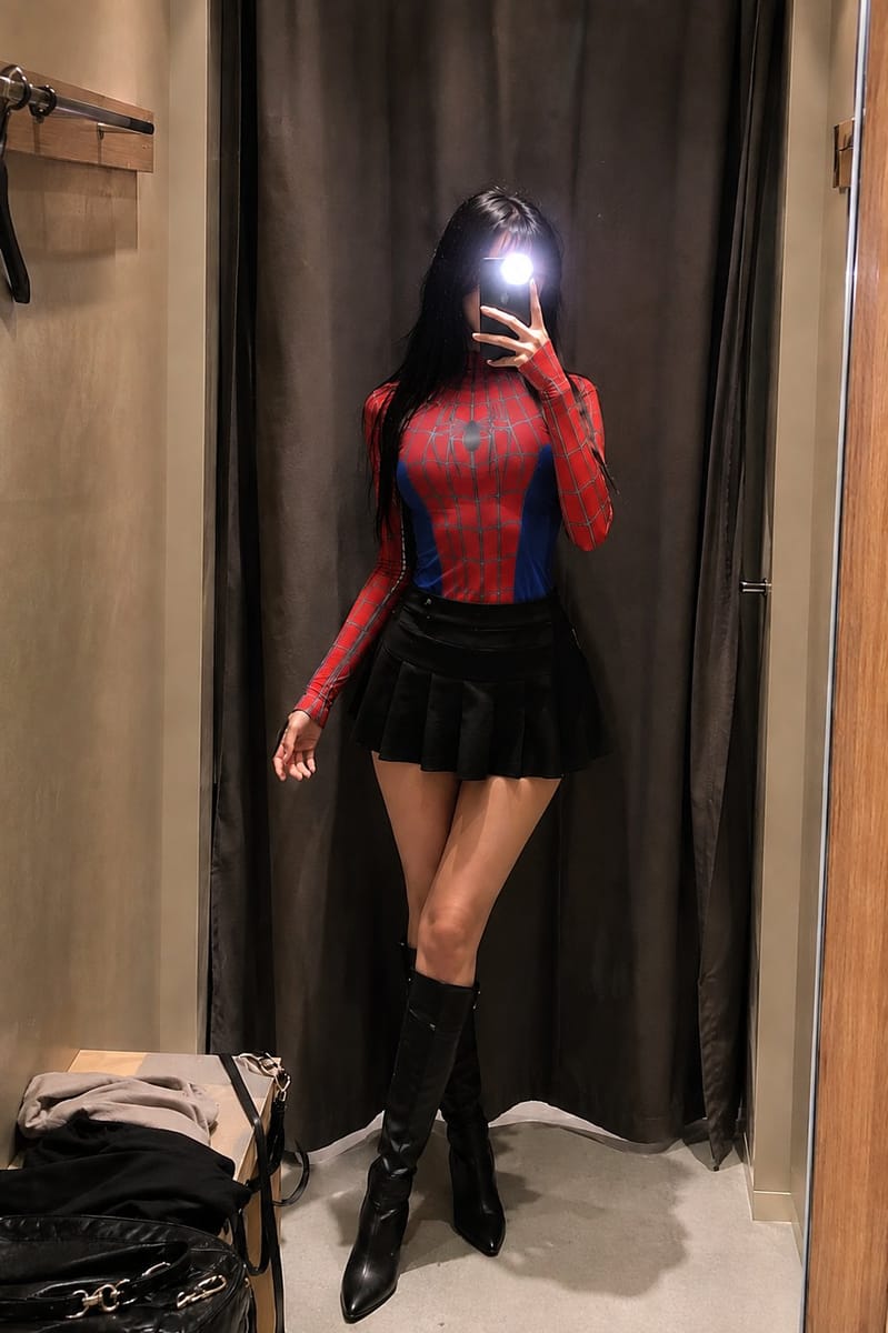 蜘蛛侠紧身衣少女试衣间自拍|超写实人像摄影提示词