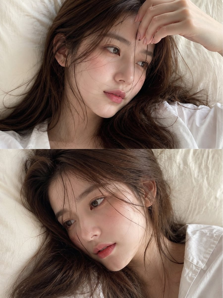 奶油色床上沉思美女特写人像