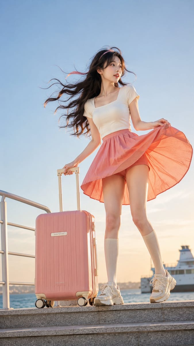 夏日清风旅行少女行李箱全景写真