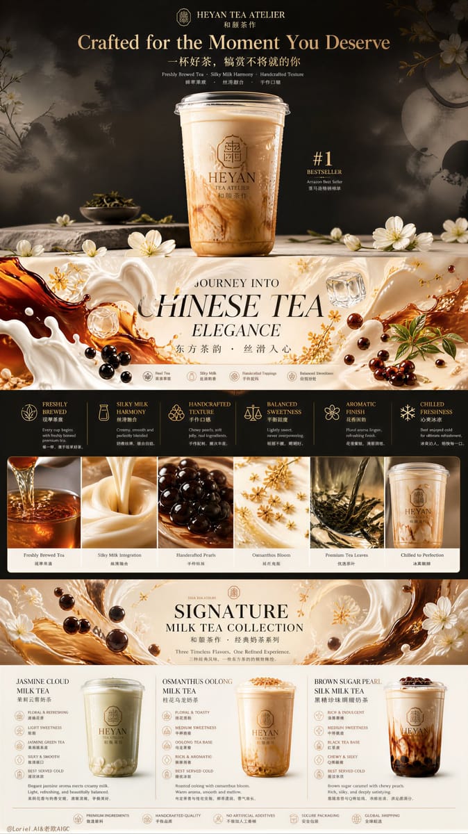 禾岩茶研所|东方奢华奶茶爆款详情页海报设计