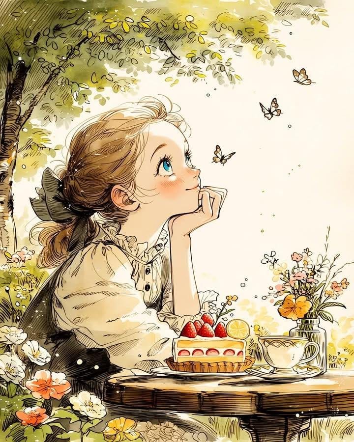 森林茶会少女:欧式复古绘本风唯美水彩插画