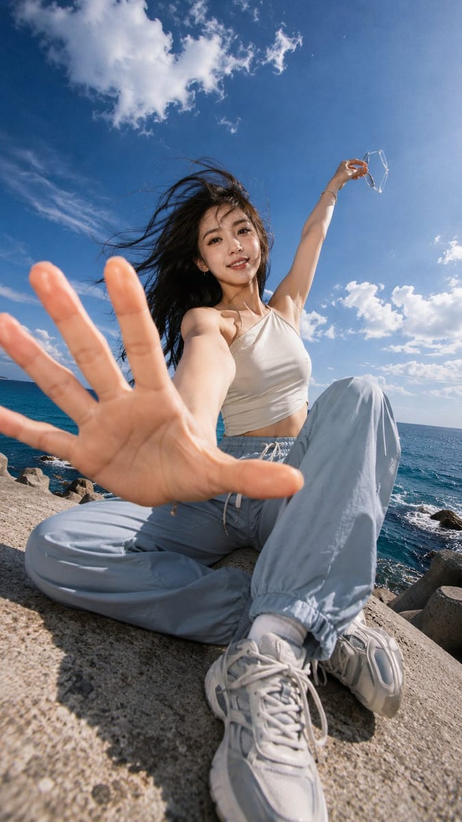 超广角强迫透视写实人像提示词｜0.5×低机位电影感大片