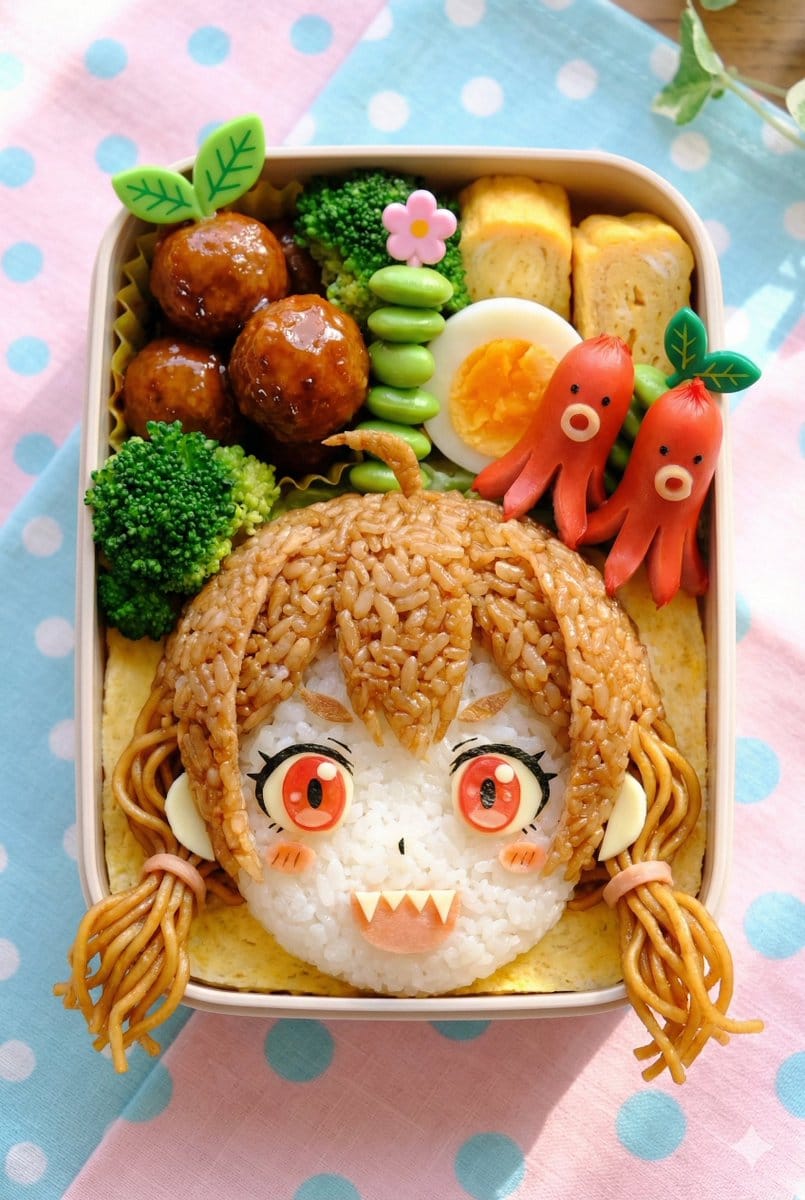 红眼双马尾少女角色便当|极致细节日式美食大片