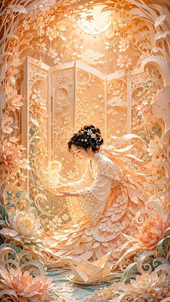 东方女性梦境立体纸艺:治愈系多层纸雕艺术海报
