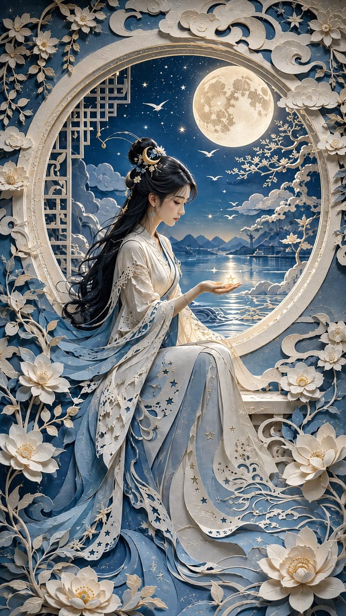 月夜纸雕艺术｜现代东方女性梦境高级海报